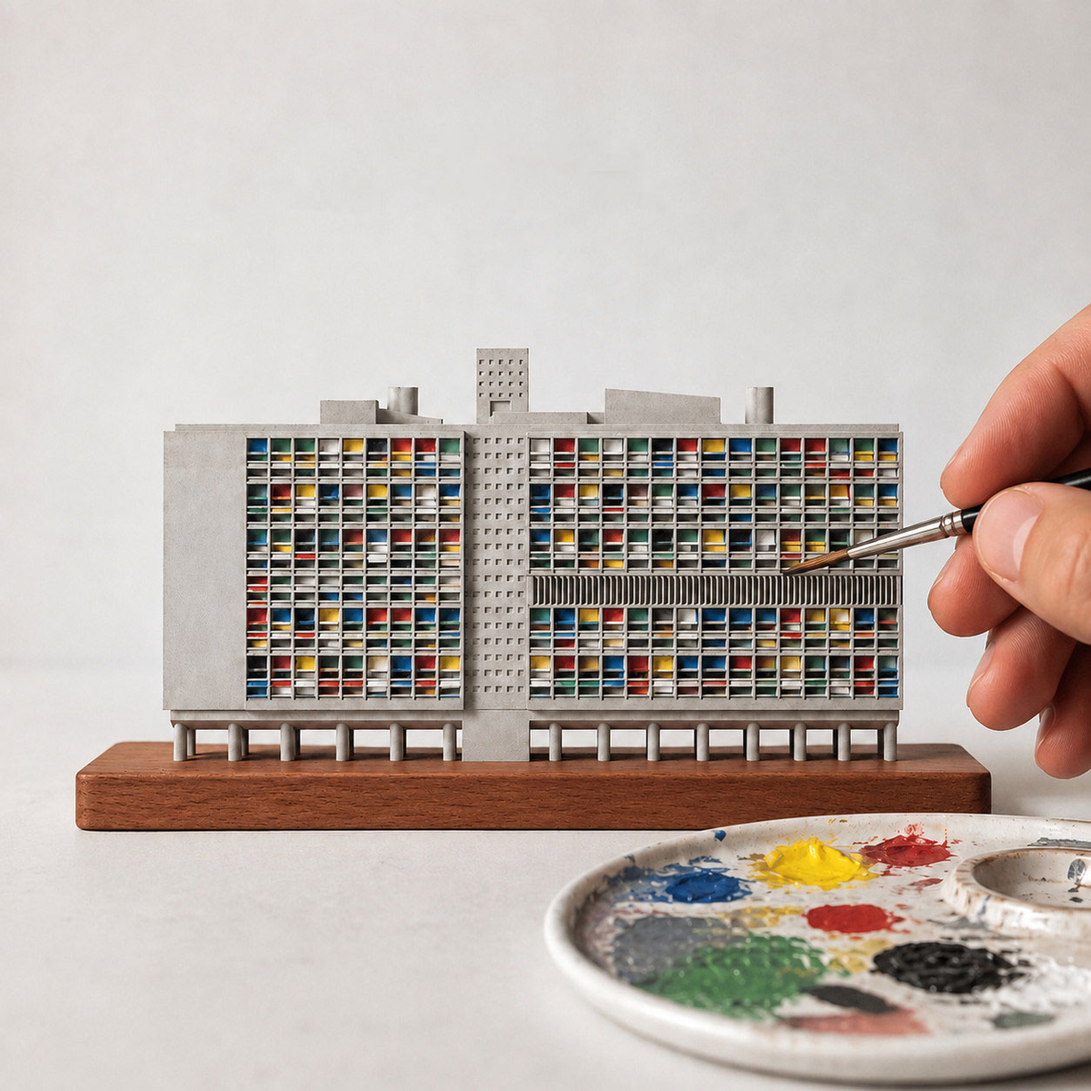 A brush adding color to the façade of the Marseille Housing Unit model.