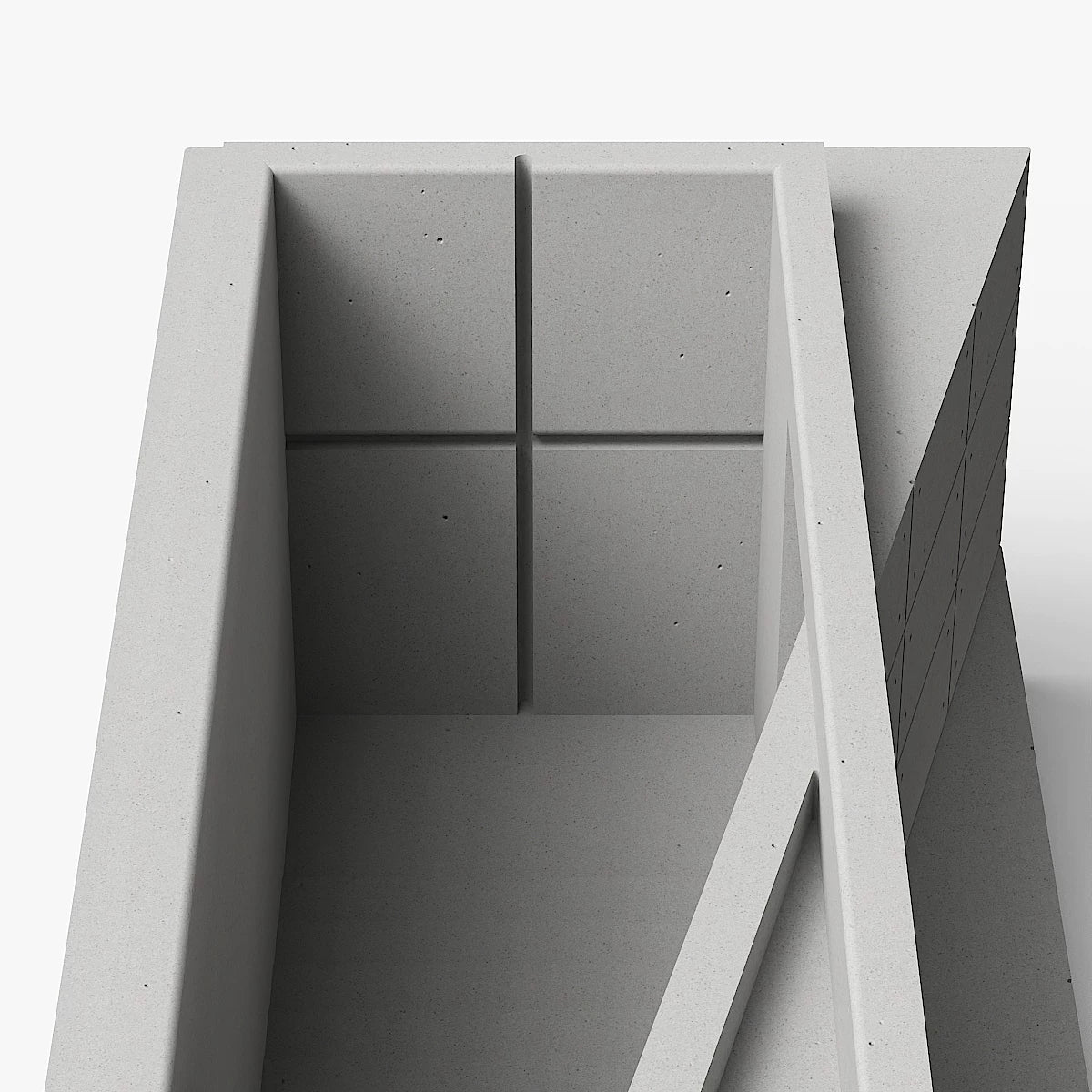 Inside the desk organizer, showing the cross-shaped opening and diagonal wall.