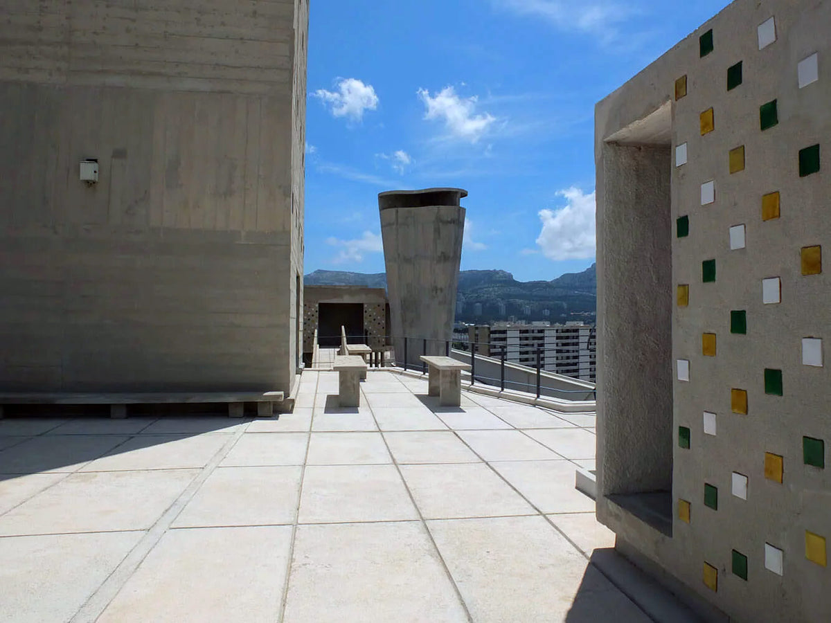 The roof terrace of Unité d’Habitation in Marseille, with sculptural concrete structures.