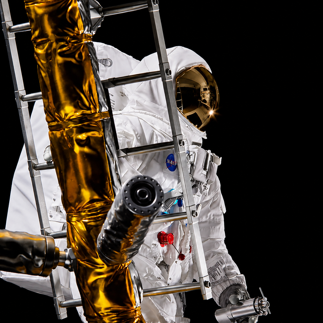 Eagle ladder and reflective landing-leg surfaces framing the astronaut behind them.