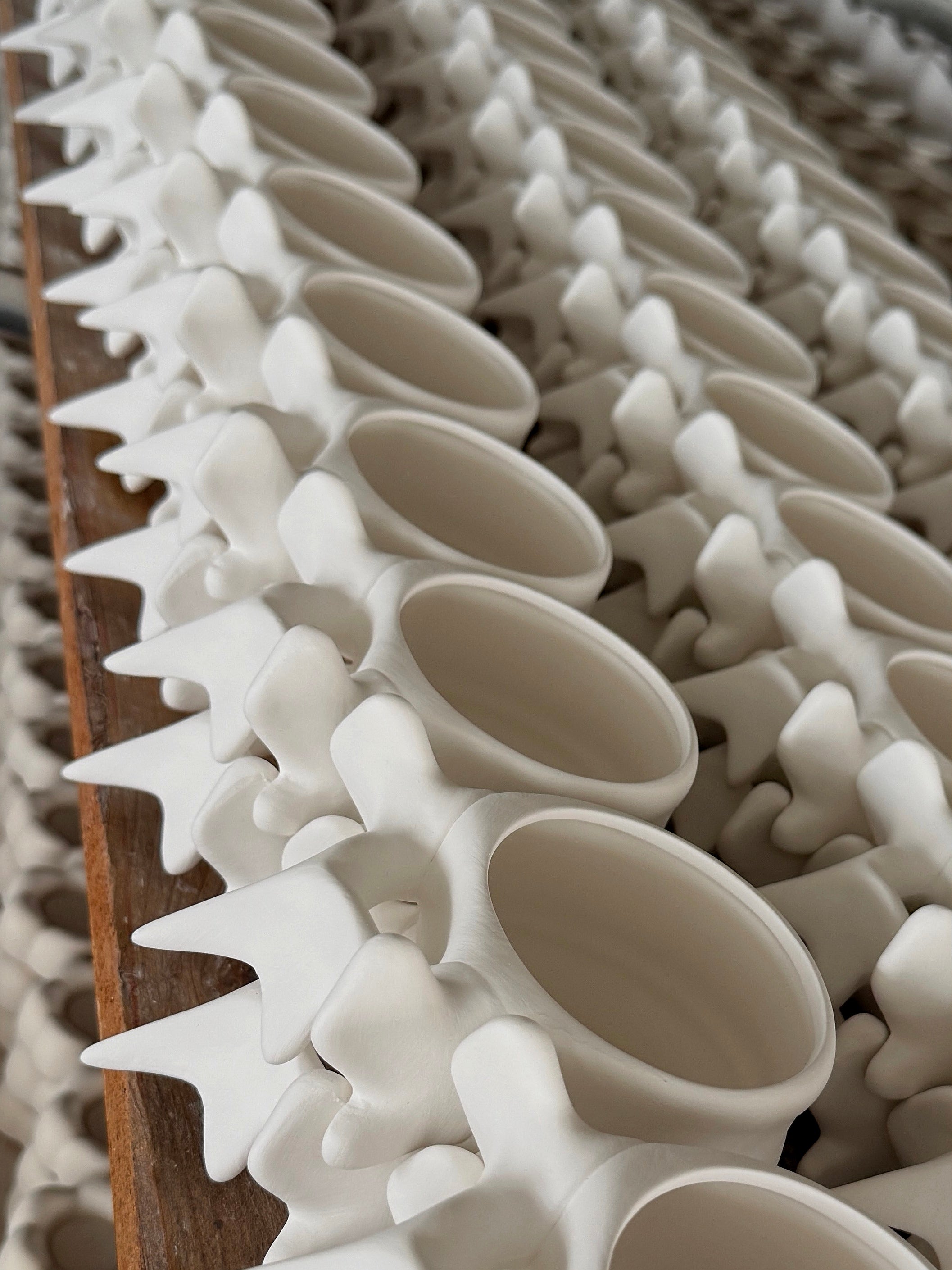 Rows of assembled porcelain spine cups drying on wooden racks