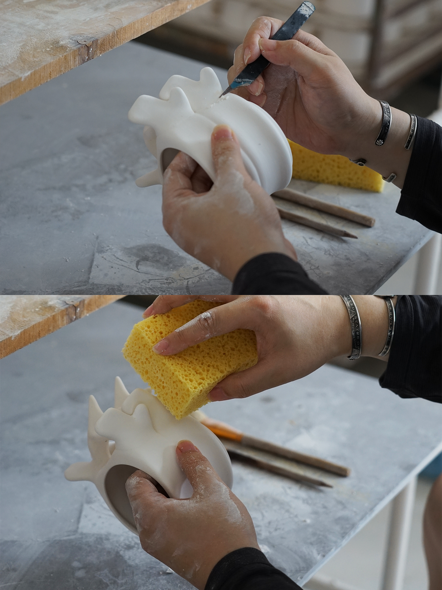 Two views of a craftsperson carving and smoothing an assembled porcelain Spine Cup