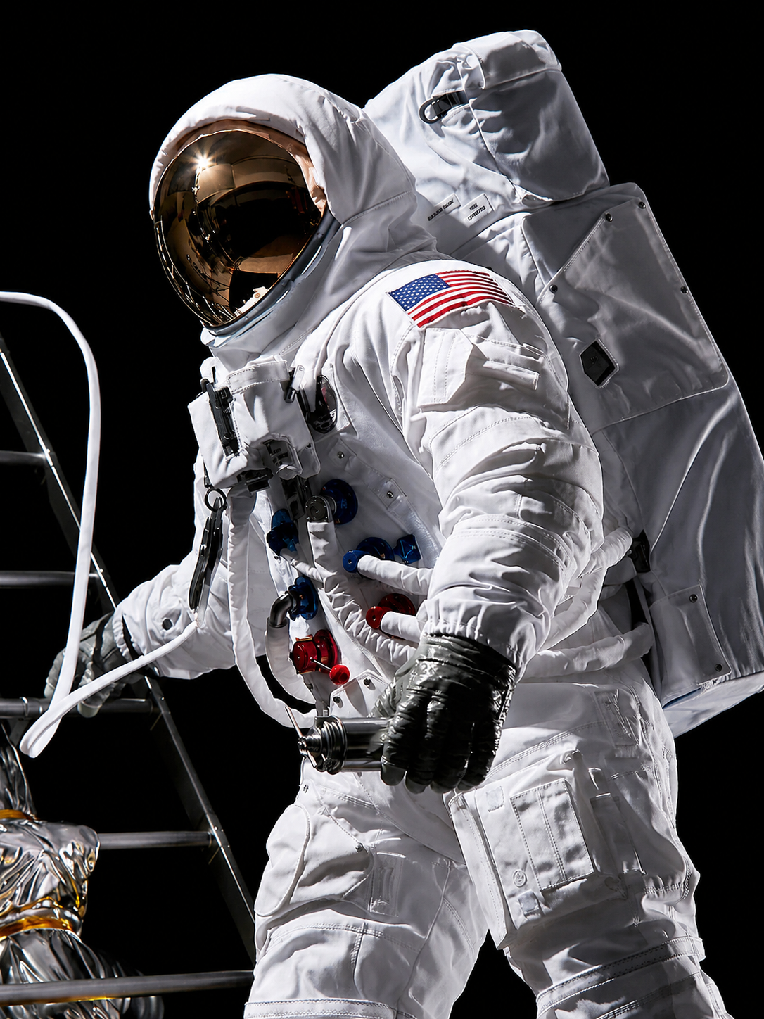 Front detail of the fabric A7L spacesuit with visor, chest equipment, hoses, ports, and tether.